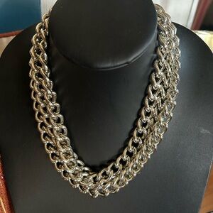 Vintage Silver-Tone Triple Drop Chain Cuban Link Necklace